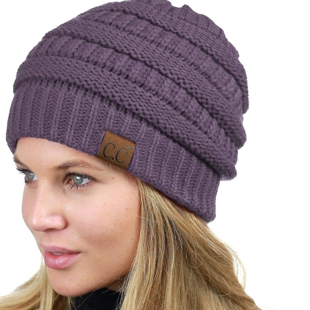 CC Beanie Solid Cable Knit Beanie Hat Purple NWT